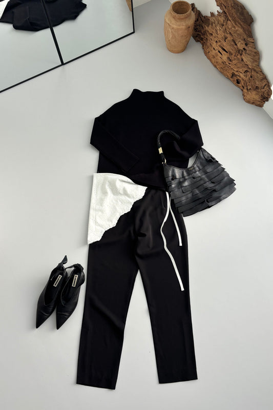 Cotton Lace Triangle Scarf - BLACK・WHITE