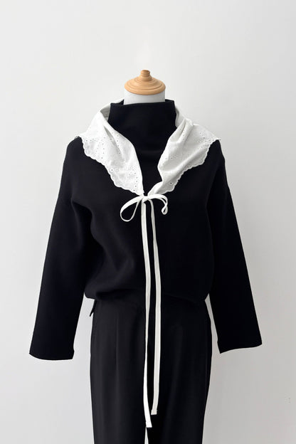 Cotton Lace Triangle Scarf - BLACK・WHITE