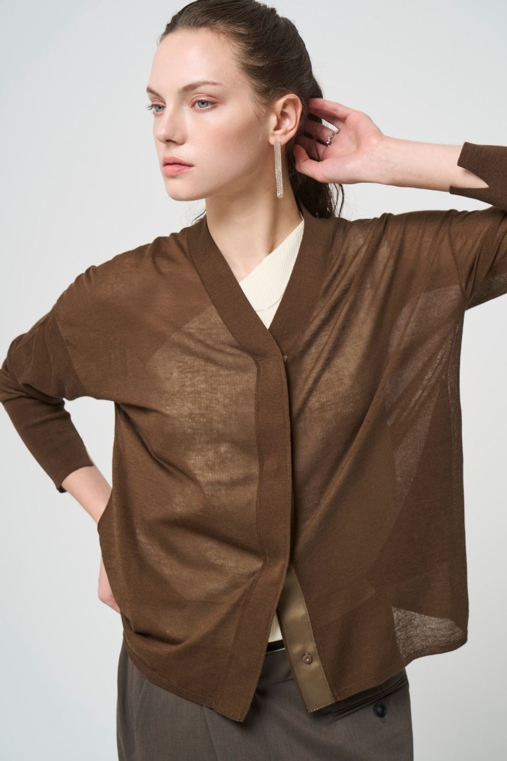 Breathable Cotton Cardigan - BROWN