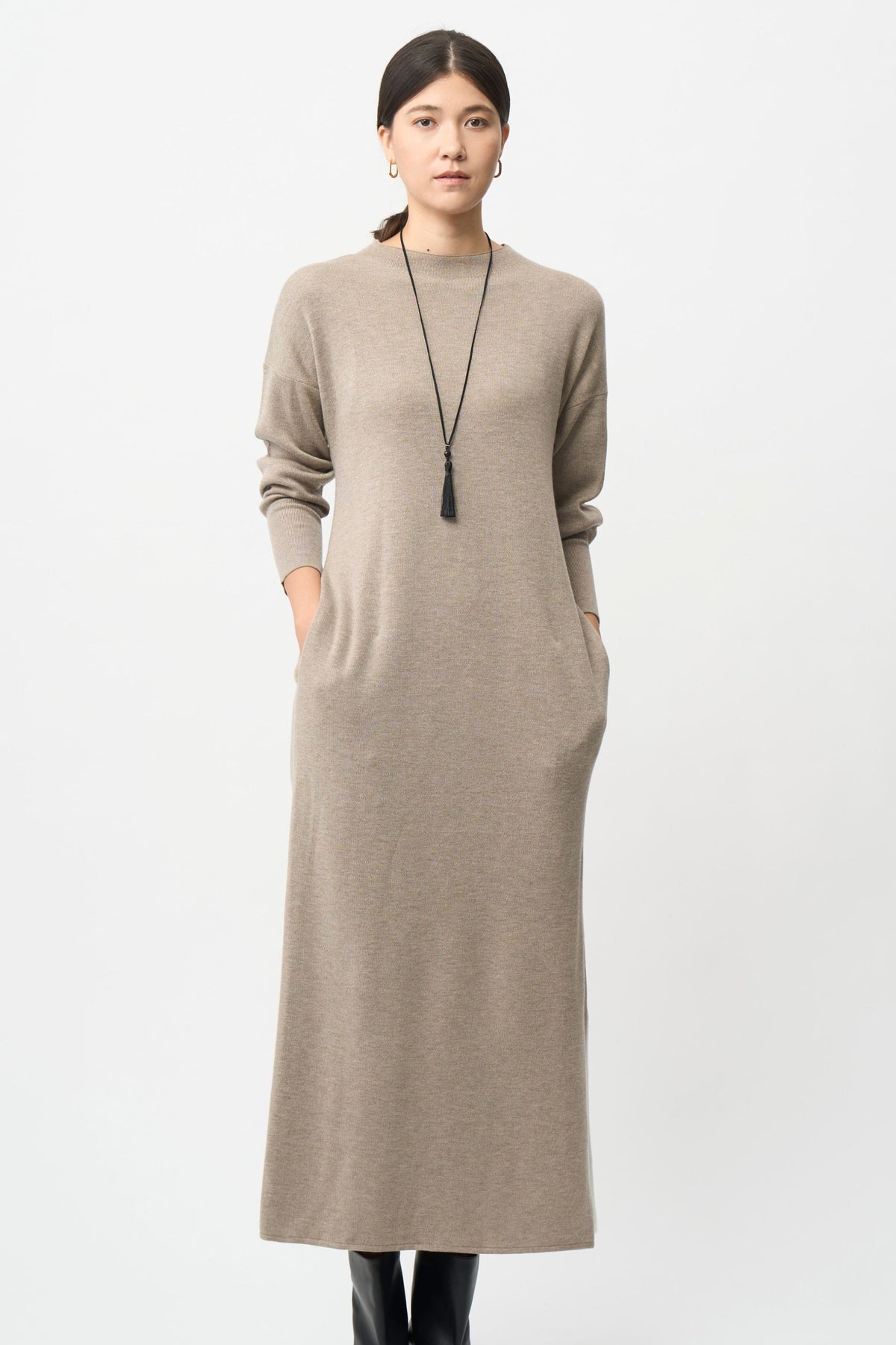 Double Sleeves Knit Dress - GRAY / SHORT・LONG