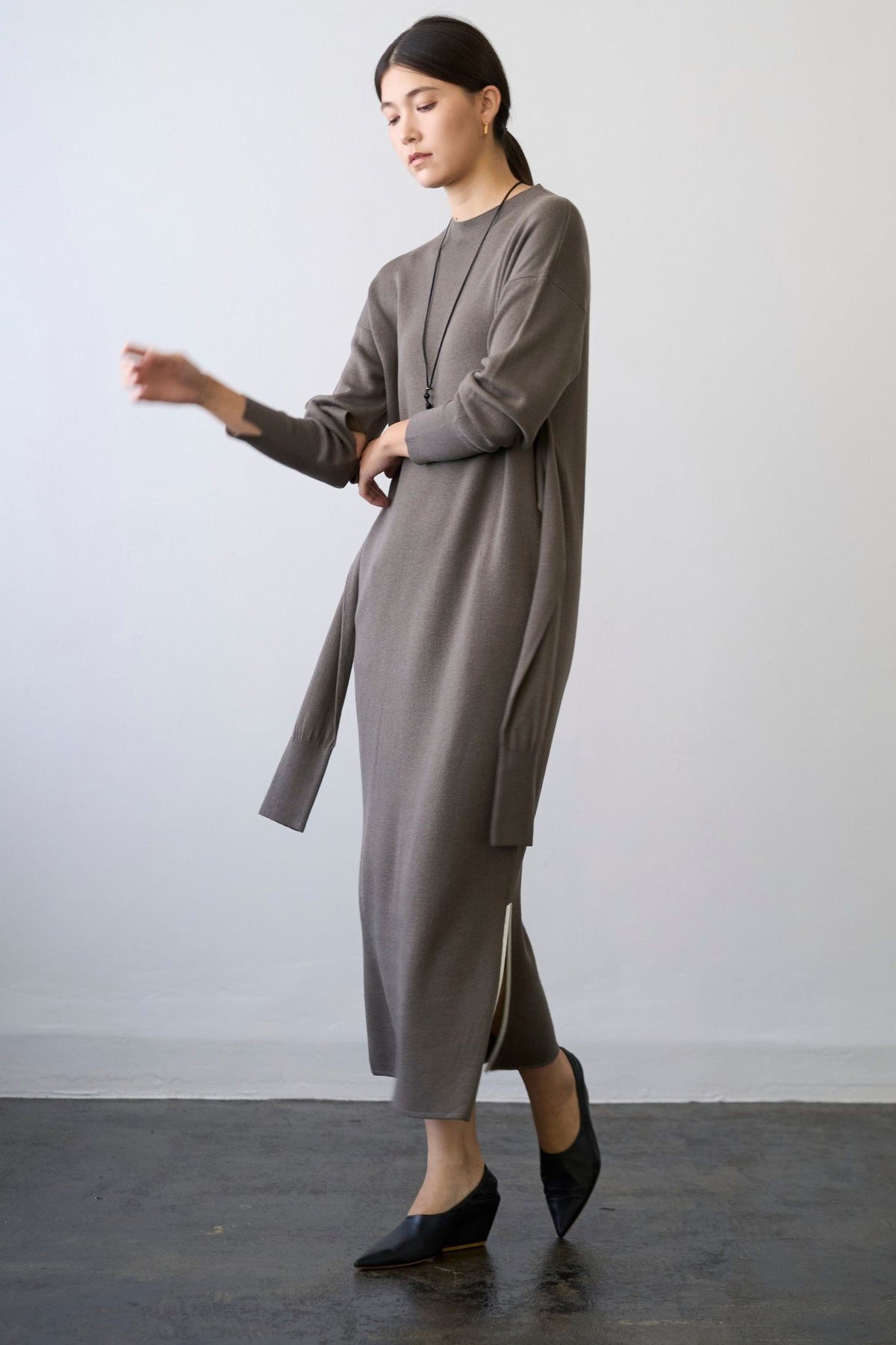 Double Sleeves Knit Dress - TAUPE / SHORT・LONG