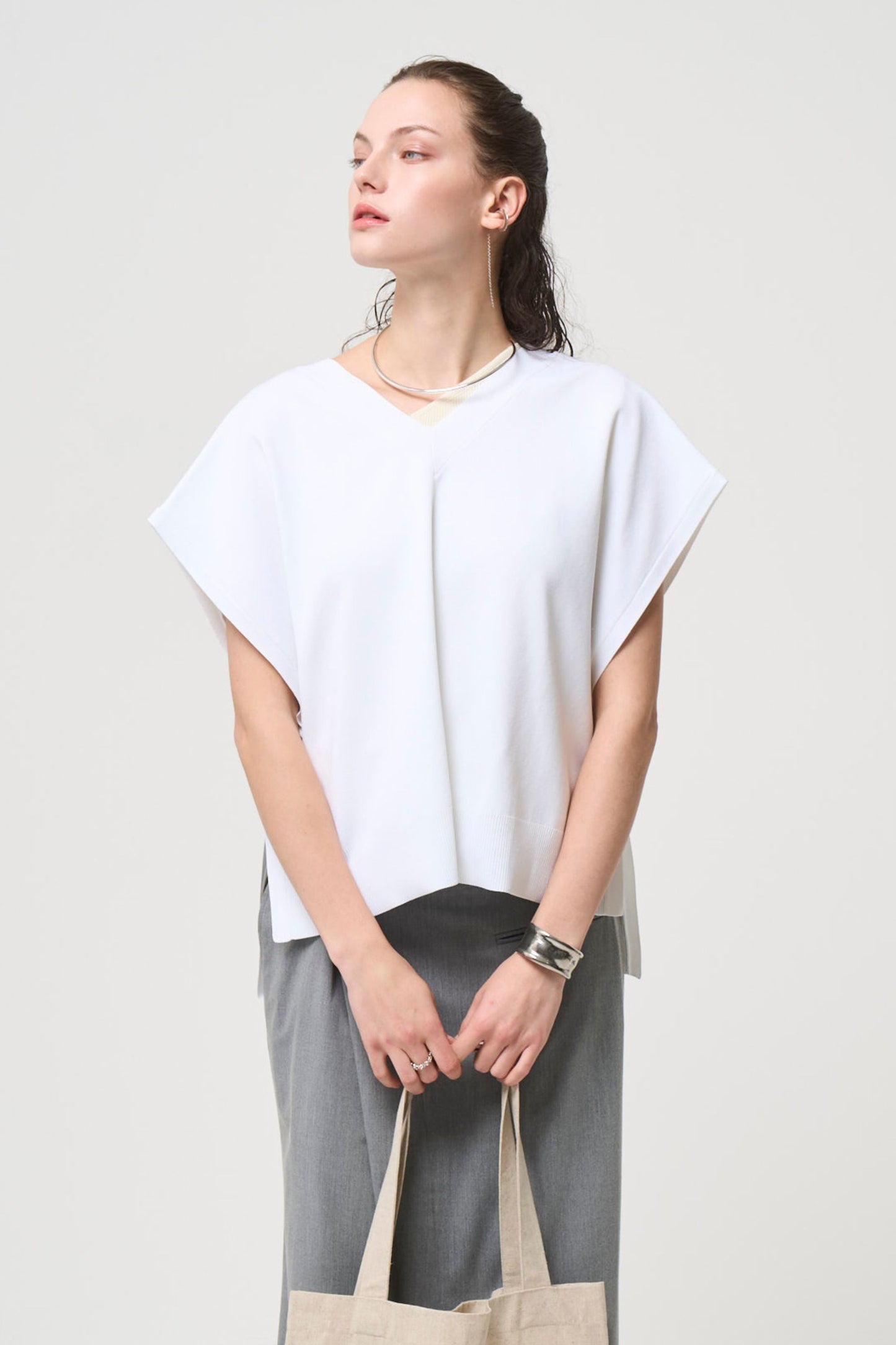 2way Spring Knit Poncho - WHITE