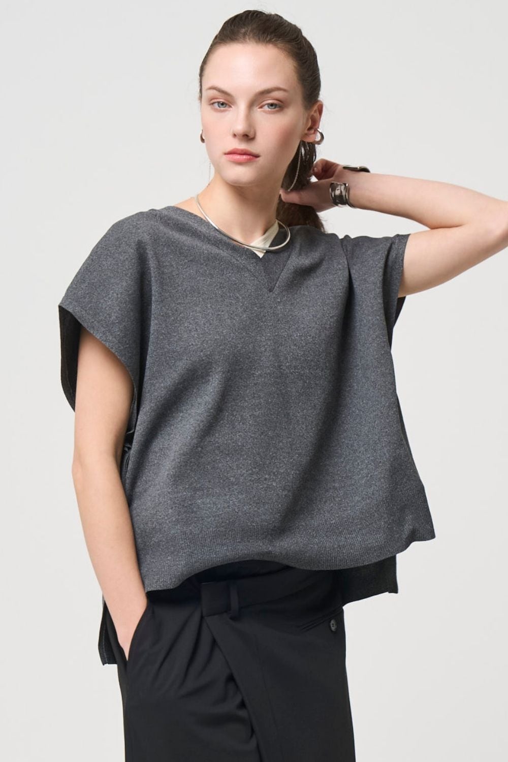 2way Spring Knit Poncho - GRAY